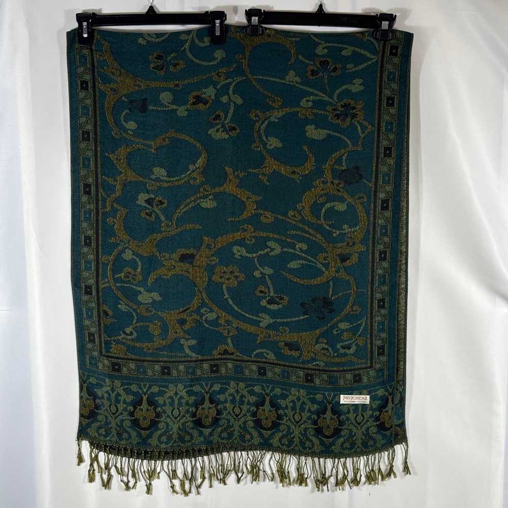 pashmina Teal and Gold Floral Jacquard Wrap with Fringe 70 in x 27 in